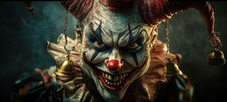 Evil jester mask with twisted features, bells, and a maniacal expression