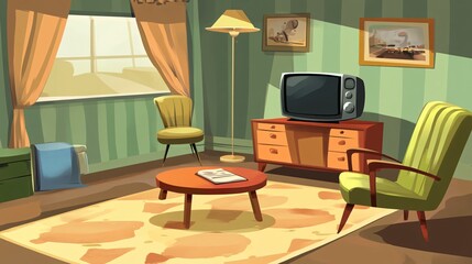 Cozy retro living room with green walls, a vintage TV, and warm light streaming in.