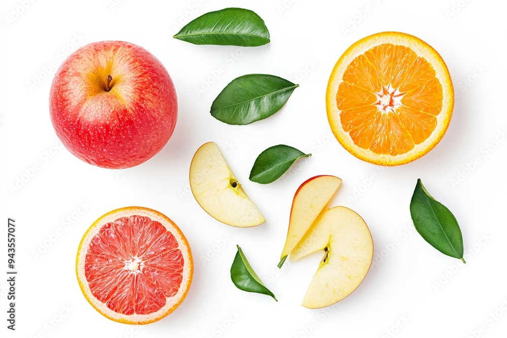 Poster fruit with high nutrients and vitamins, oranges and apples with half slices falling or floating in t