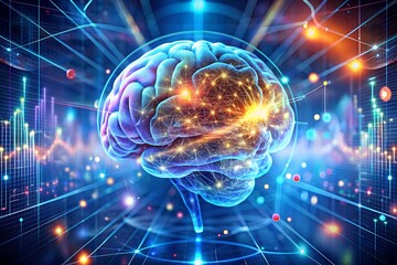 A digital representation of a human brain with data visualization elements