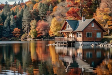 Fototapeta premium Serene Autumn Escape. Peaceful lakeside cabin in a dense forest