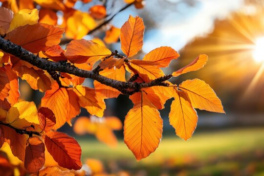 Bright orange autumn leaves on a branch are illuminated by the sun, capturing the vibrant colors of fall in a detailed close-up with a soft focus background.