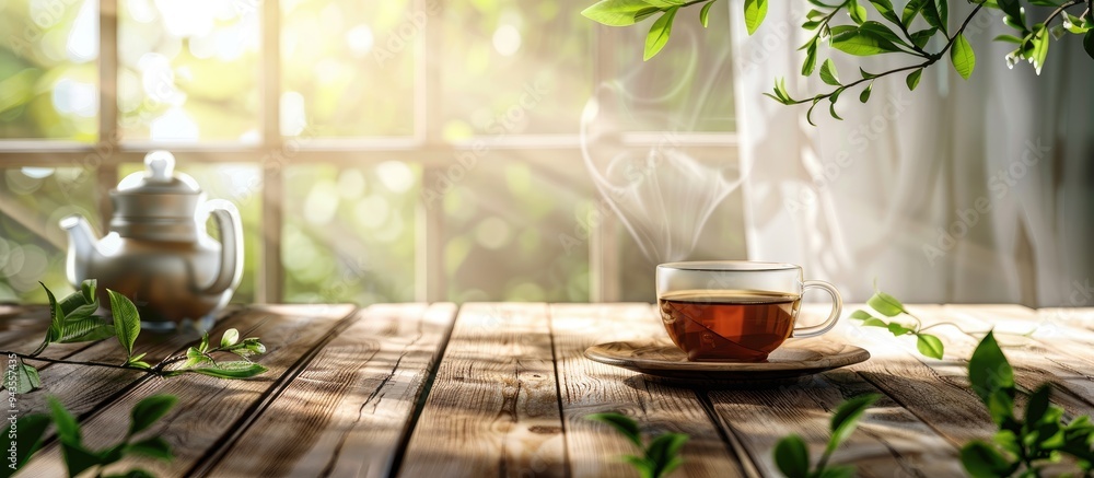 Poster Close up view of a wooden table adorned with a teacup teapot and vibrant green tea leaves ideal for adding text in the open area of the image. Creative banner. Copyspace image