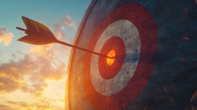 Archery target with arrow hitting bullseye, bright blue sky background, golden sunset, copy space for text, dramatic clouds, achievement concept.