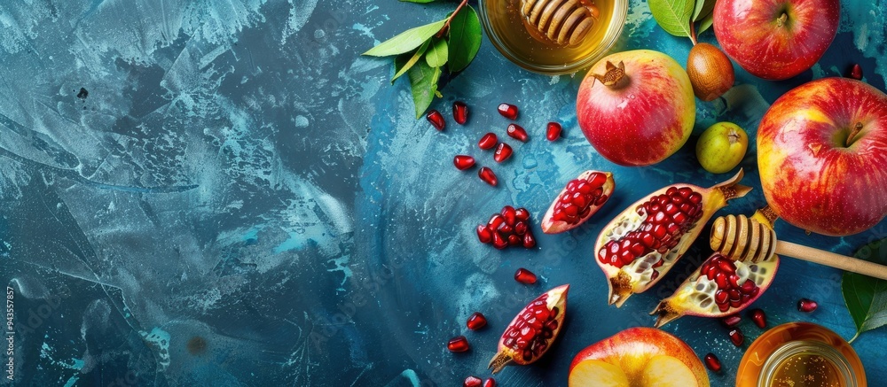 Aufkleber happy rosh hashanah traditional symbols like pomegranate apples and honey displayed on a blue backgr