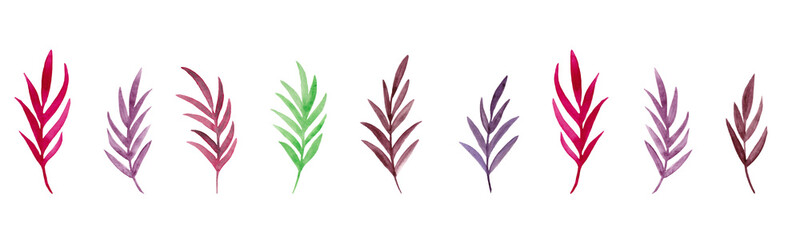 Autumn leaves border. Bright colors. Watercolor illustrations of colorful branches. Isolated watercolor elements. White background