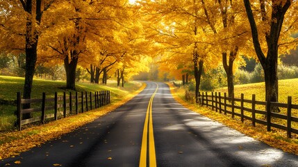 Naklejka premium Autumn tree-lined road, vibrant golden foliage, bright sunlight streaming through leaves, winding asphalt path, yellow lane markings, wooden fence.