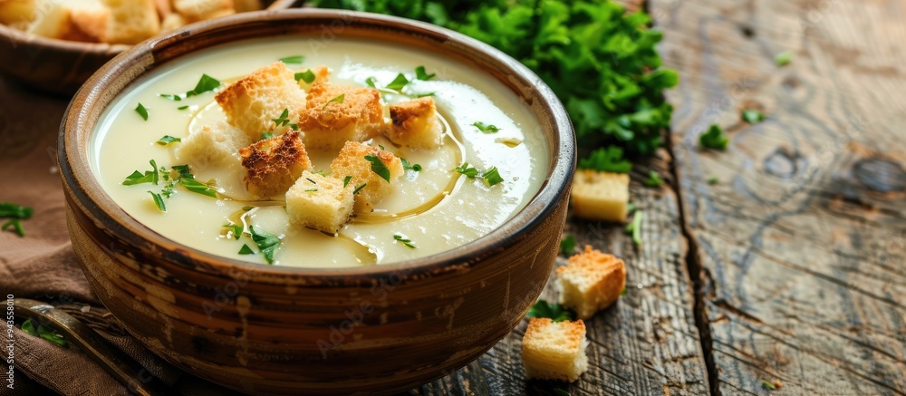 Aufkleber Delicious cream soup with croutons in a rustic setting with a wooden background perfect for a copy space image