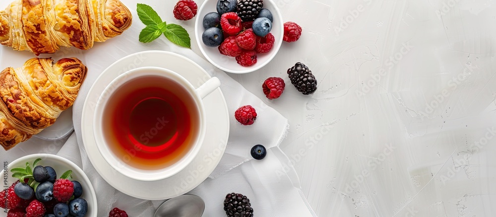 Leinwandbilder delicious puff pastry and tea with berries on a white tabletop for a flat lay composition with room 