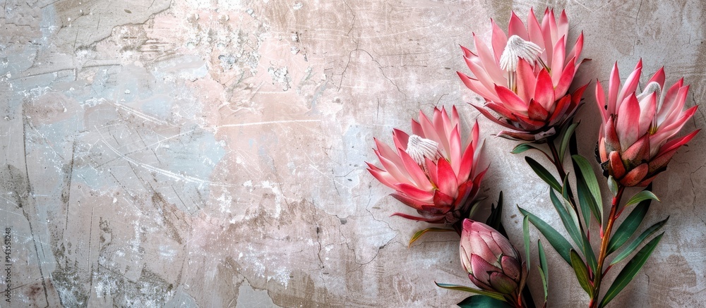 Poster gorgeous pink protea flowers on a textured grunge background suitable for a copy space image