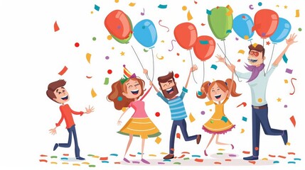 Joyful cartoon family celebrating together,