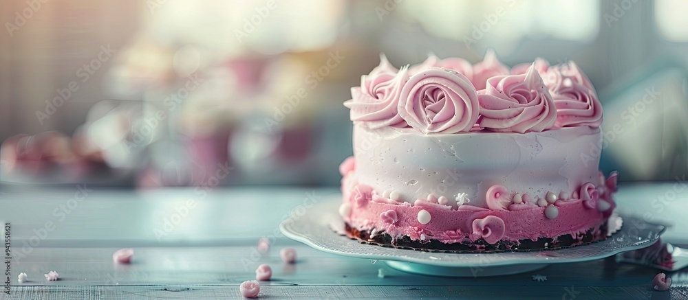 Poster a pink birthday cake is displayed on the table with copy space image