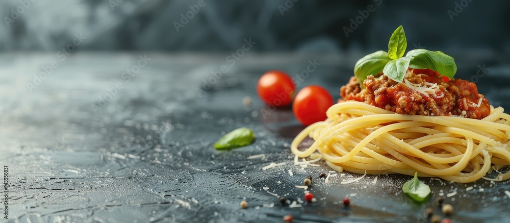 Poster view a side angle of italian bolognese pasta garnished with basil and tomatoes against a graphite ba