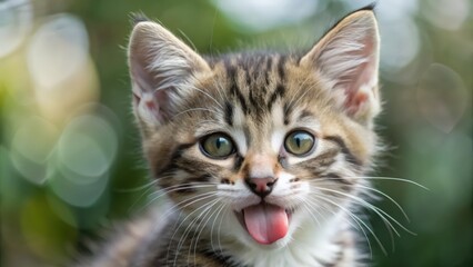 Obraz premium Playful Tabby Kitten With Tongue Out Against Blurred Green Background