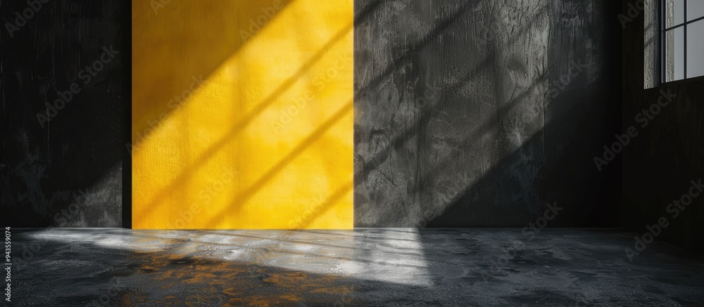 Fototapete Background of a wall interior in a studio with black and yellow colors provides an ideal setting for showcasing products featuring shadows from a window with space for inserting text and displaying p