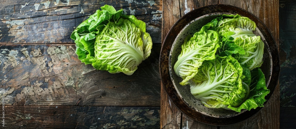 Poster Chinese cabbage pickled and fermented in a pan with a wooden backdrop viewed from above providing a space for additional images