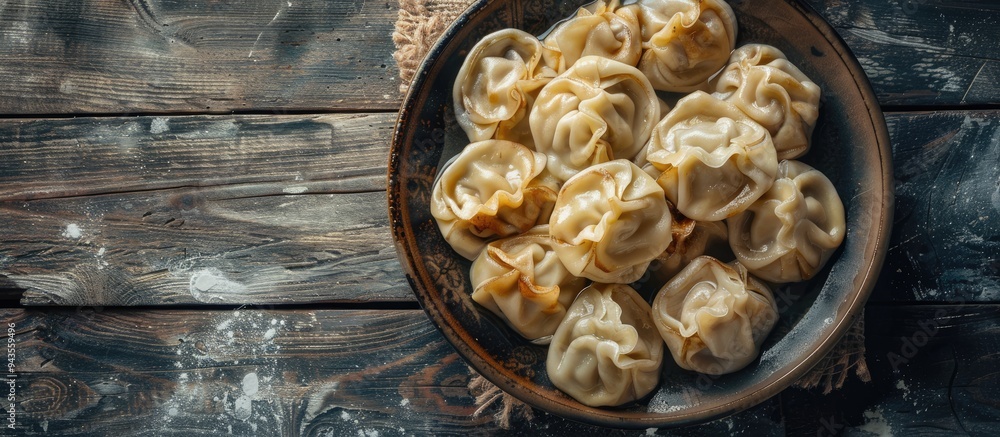 Aufkleber A restaurant setting displays a plate of freshly cooked Georgian Khinkali dumplings with empty space for text or other design elements in the image. Creative banner. Copyspace image