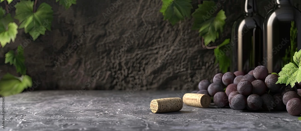 Aufkleber Grape shaped wine corks and a bottle on a gray table with copy space image