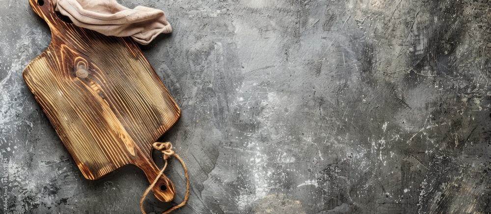Fototapete top down view of cutting board with a napkin presented on a concrete surface creating a sleek and pr