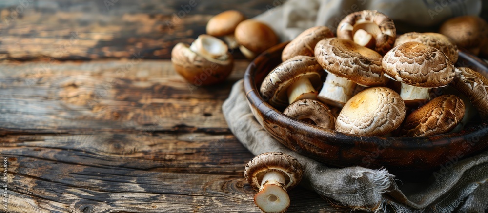 Poster shiitake dried mushroom dish displayed on a rustic tabletop with a food background ideal for keto pa