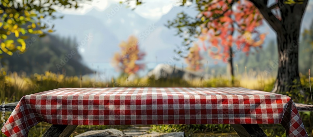 Fototapete picnic table set with red checkered tablecloth on outdoor table with copy space image available