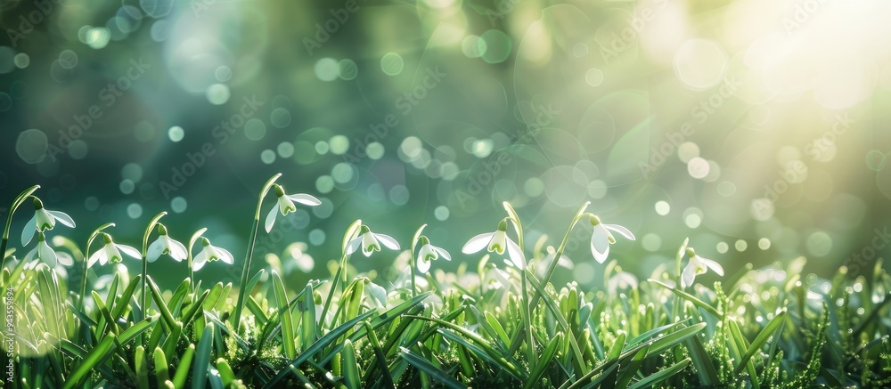 Poster springtime easter background featuring white fresh snowdrops galanthus blooming on a lush green mead