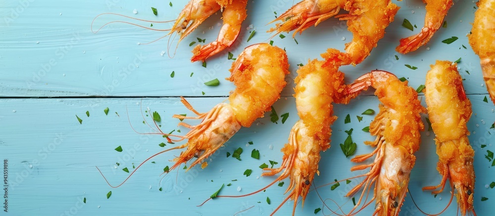 Poster top view of delectable fried breaded shrimps on a light blue wooden table with available copy space 