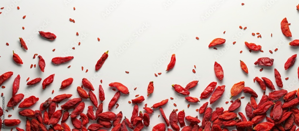 Aufkleber Top down view of dried goji berries on white backdrop with copy space image for text arranged in a flat lay style