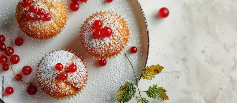 Poster A top down view of three homemade fruity muffins garnished with red currants and powdered sugar on a white plate with a blurry background ideal as a copy space image