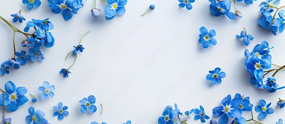 Aufkleber Top view of forget me not flowers on a white background with empty space for your text in an image. Creative banner. Copyspace image