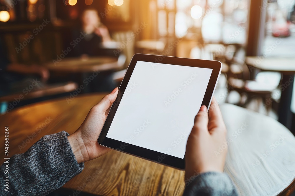 Poster this is an image of a close-up of two hands pointing down at a tablet at a table bar, using an appli