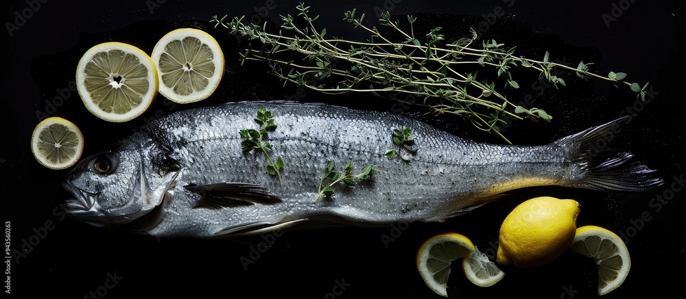 Leinwandbilder top view of a fresh sea bass with lemon and thyme on a black background ideal for a copy space image