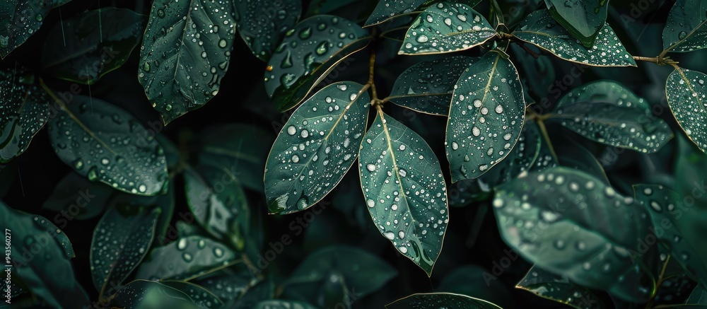 Poster leaves adorned with water droplets post rain creating a picturesque scene with copy space image