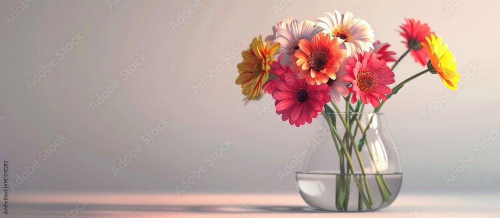 Poster a vase with colorful flowers placed on the table creating a lovely copy space image