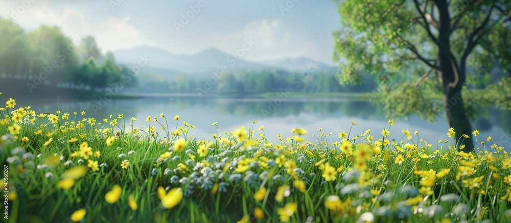 Poster yellow blossoms are starting to open in the charming meadow creating a breathtaking view against the