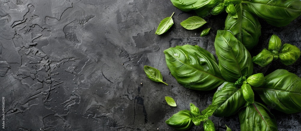 Fototapete dumplings and basil displayed on a black surface with copy space image