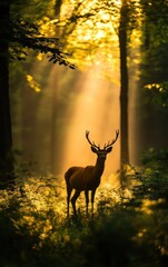 A majestic deer stands gracefully amid sunlit trees, surrounded by vibrant greenery and enchanting rays of light in the serene forest.
