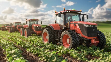 Fototapeta premium A vibrant scene of orange tractors cultivating lush green fields under a bright sky.