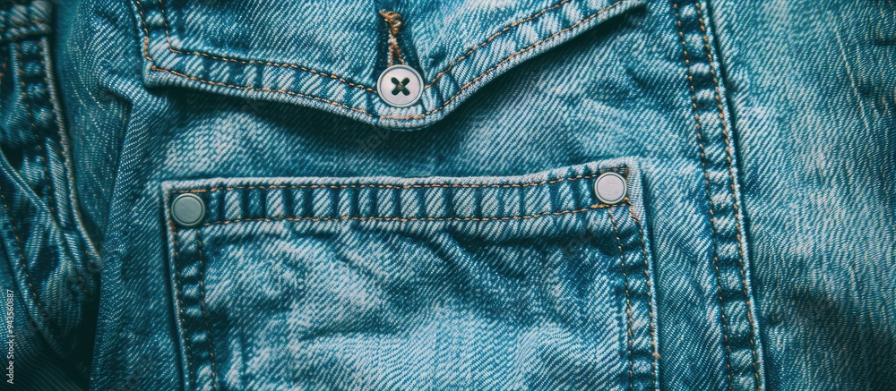Poster close up of turquoise denim pants front and small pockets showcasing design details like button seam