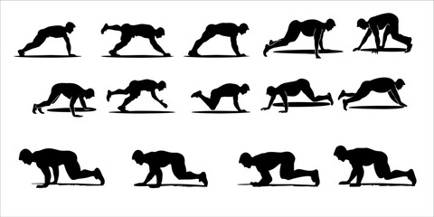 Set of Dynamic Silhouettes Featuring a Man in Push-Up Exercise - Vector Set