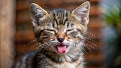 Obraz premium Close-up of a Tabby Kitten with its Tongue Out