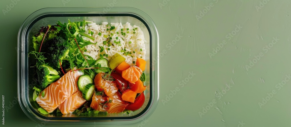 Aufkleber Glass container holding a nutritious meal of fresh salad salmon and rice with a green backdrop in a top down view perfect for adding text in the copy space image