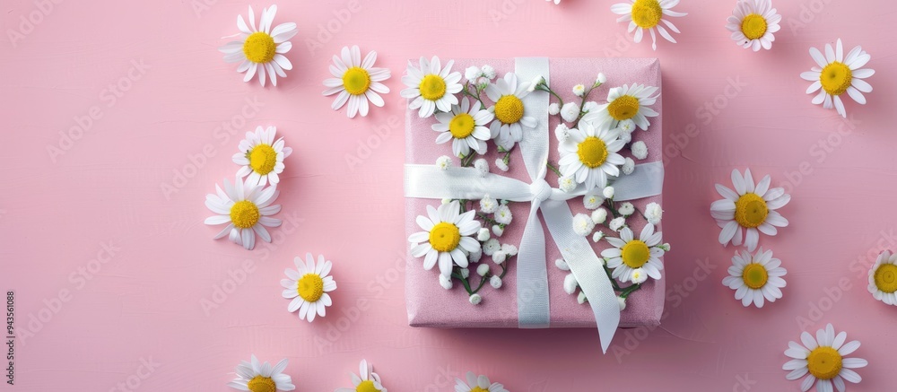 Aufkleber top view of a gift box with a white ribbon adorned with chamomile flowers against a pink pastel back
