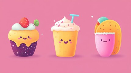 Charming food icons bring joy with a playful cupcake, a smiling ice cream cone, and a cute taco, all set against a bright pink backdrop