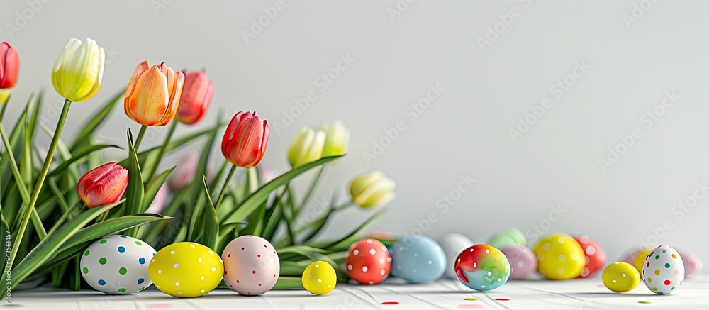 Aufkleber copy space image featuring vibrant tulips and eggs against a white backdrop embodying the essence of