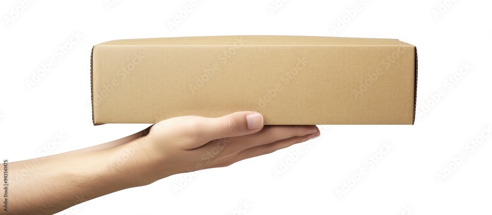 Leinwandbilder a picture of a hand holding a brown paper box with a plain white background conveying a delivery or 