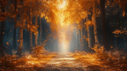 A tranquil path through a forest adorned with golden leaves during autumn's serene twilight