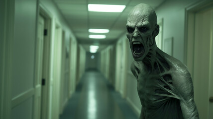 Horrifying creature screaming in a dimly lit hallway