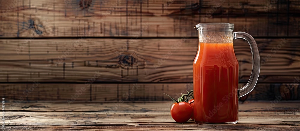 Aufkleber wooden table with a glass jug filled with fresh tomato juice providing space for text with a copy sp