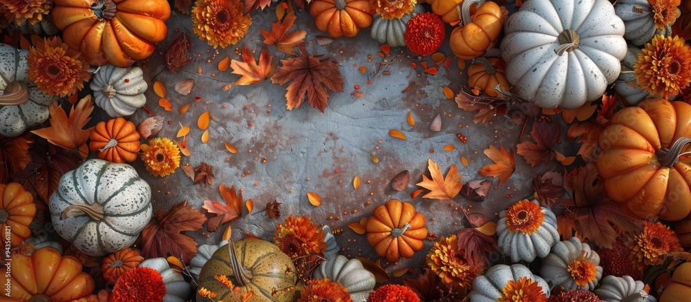 Leinwandbilder an aerial view of a fall themed arrangement with diverse pumpkins fallen leaves chrysanthemums and s